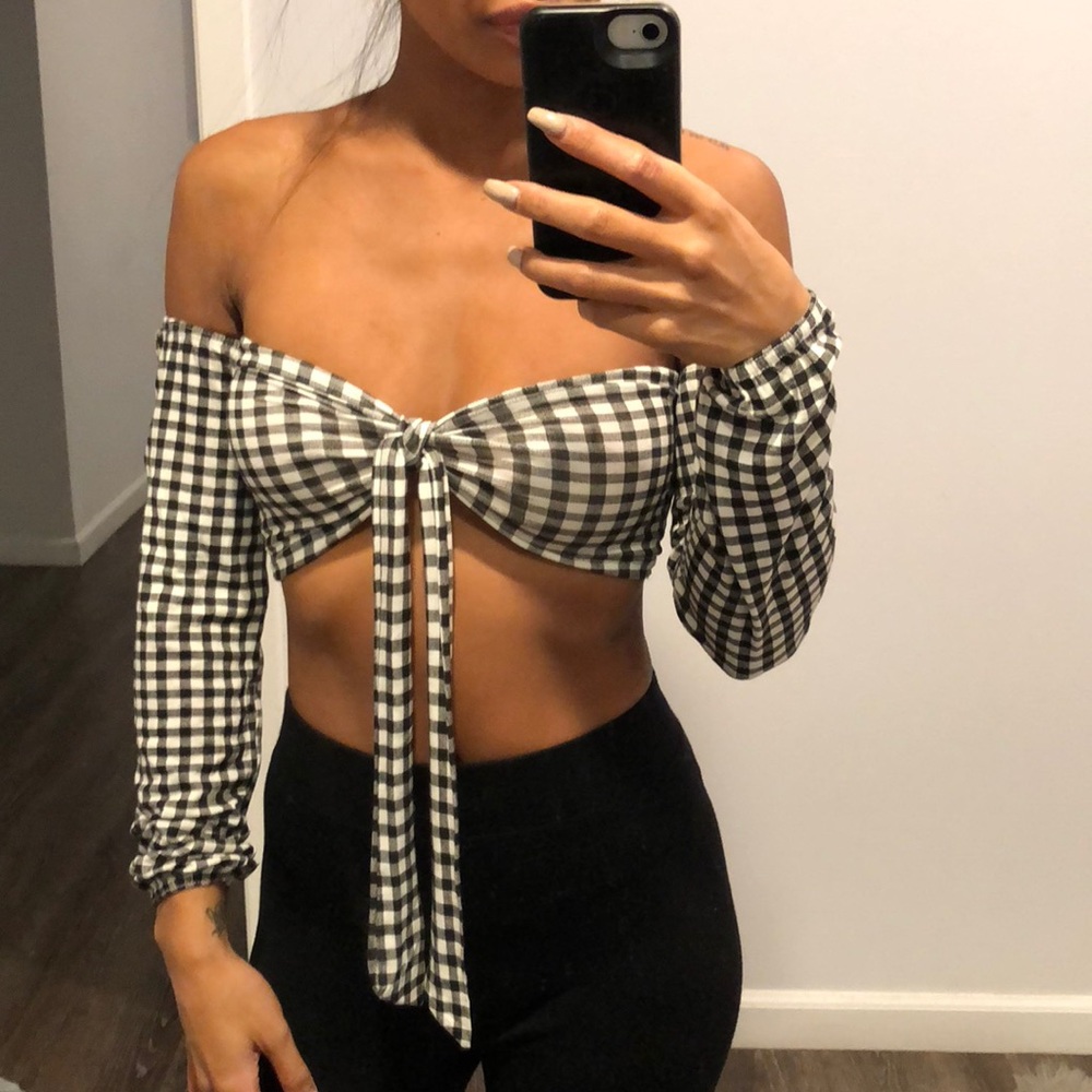 * Checked tie crop long sleeve